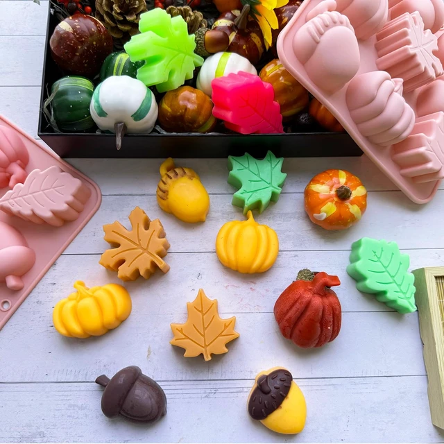 Alt view image 5 of 7 - 2Pcs 3D Pumpkin Silicone Mold Fall Silicone Mold Halloween Thanksgiving Candy Mold Autumn Maple Leaf Acornshape Chocolate Candy Cake Pan Baking Tray Molds for Cake Decoration upcake Toppers Resin Cand