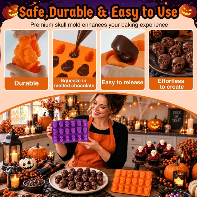 Alt view image 3 of 7 - 2Pcs 18-Cavity Skull Chocolate Molds for Halloween, 3D Skulls Silicone Baking Mold for Chocolate, Skull Cake Mold for Cake Decoration, Gummy, Ice Cube, Jello, Cupcake Decorate, Party Supplies