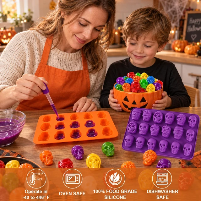 Alt view image 4 of 7 - 2Pcs 18-Cavity Skull Chocolate Molds for Halloween, 3D Skulls Silicone Baking Mold for Chocolate, Skull Cake Mold for Cake Decoration, Gummy, Ice Cube, Jello, Cupcake Decorate, Party Supplies