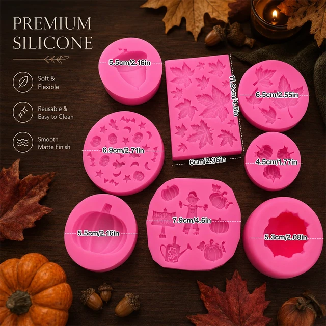 Alt view image 5 of 7 - 8Pcs Fall Harvest Thanksgiving Silicone Mold Set Pumpkin Maple Leaves Acorn Chocolate Fondant Molds Thanksgiving Fall Theme Food Grade Silicone Molds for Making Cupcake Chocolate Cookie Fondant Decor