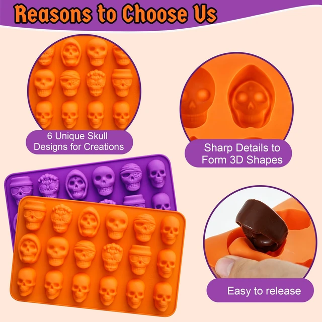 Alt view image 5 of 7 - 2Pcs 18-Cavity Skull Chocolate Molds for Halloween, 3D Skulls Silicone Baking Mold for Chocolate, Skull Cake Mold for Cake Decoration, Gummy, Ice Cube, Jello, Cupcake Decorate, Party Supplies