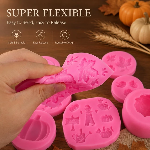 Alt view image 7 of 7 - 8Pcs Fall Harvest Thanksgiving Silicone Mold Set Pumpkin Maple Leaves Acorn Chocolate Fondant Molds Thanksgiving Fall Theme Food Grade Silicone Molds for Making Cupcake Chocolate Cookie Fondant Decor