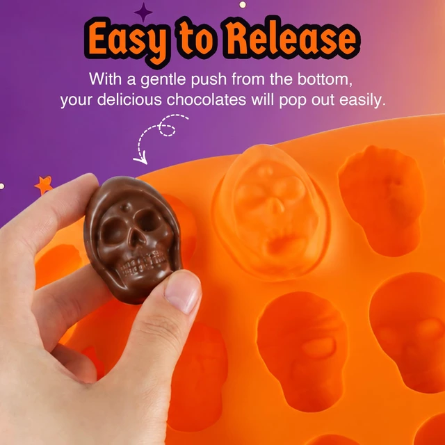 Alt view image 6 of 7 - 2Pcs 18-Cavity Skull Chocolate Molds for Halloween, 3D Skulls Silicone Baking Mold for Chocolate, Skull Cake Mold for Cake Decoration, Gummy, Ice Cube, Jello, Cupcake Decorate, Party Supplies