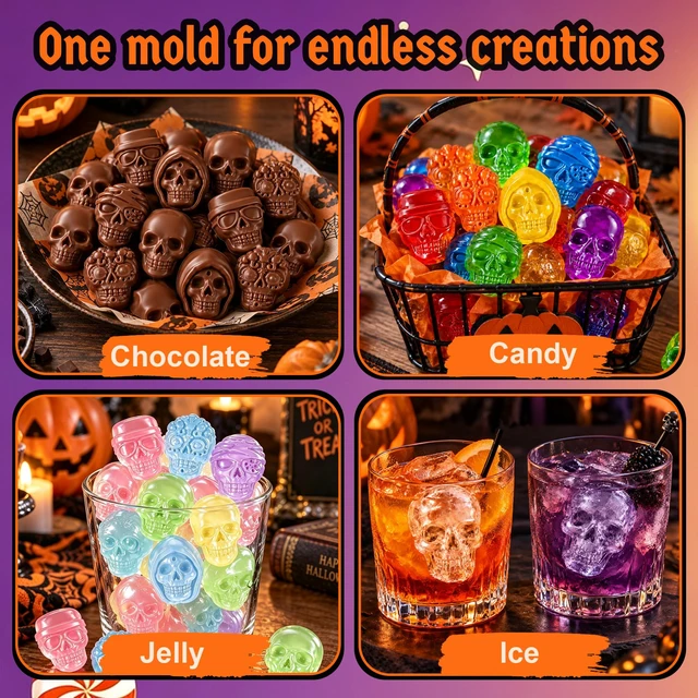Alt view image 7 of 7 - 2Pcs 18-Cavity Skull Chocolate Molds for Halloween, 3D Skulls Silicone Baking Mold for Chocolate, Skull Cake Mold for Cake Decoration, Gummy, Ice Cube, Jello, Cupcake Decorate, Party Supplies
