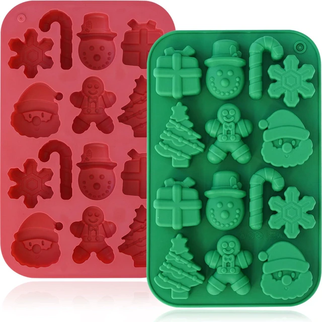 Main image of HKNMTT Christmas Silicone Chocolate Molds, 2 PCS Candy Baking Moulds, 3D Snowflake Cane Snowman Xmas Tree Gingerbread Man Santa Claus Gift Box Shape Mold for DIY Handmade Soap Candles Jello
