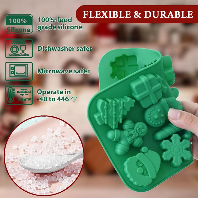 Alt view image 2 of 7 - HKNMTT Christmas Silicone Chocolate Molds, 2 PCS Candy Baking Moulds, 3D Snowflake Cane Snowman Xmas Tree Gingerbread Man Santa Claus Gift Box Shape Mold for DIY Handmade Soap Candles Jello