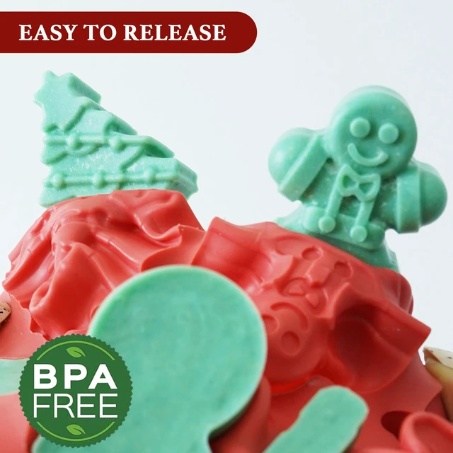 Alt view image 3 of 7 - HKNMTT Christmas Silicone Chocolate Molds, 2 PCS Candy Baking Moulds, 3D Snowflake Cane Snowman Xmas Tree Gingerbread Man Santa Claus Gift Box Shape Mold for DIY Handmade Soap Candles Jello