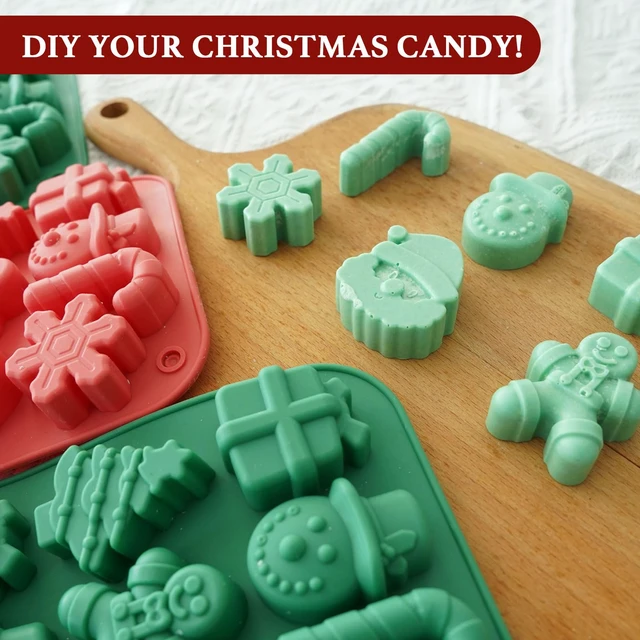 Alt view image 5 of 7 - HKNMTT Christmas Silicone Chocolate Molds, 2 PCS Candy Baking Moulds, 3D Snowflake Cane Snowman Xmas Tree Gingerbread Man Santa Claus Gift Box Shape Mold for DIY Handmade Soap Candles Jello