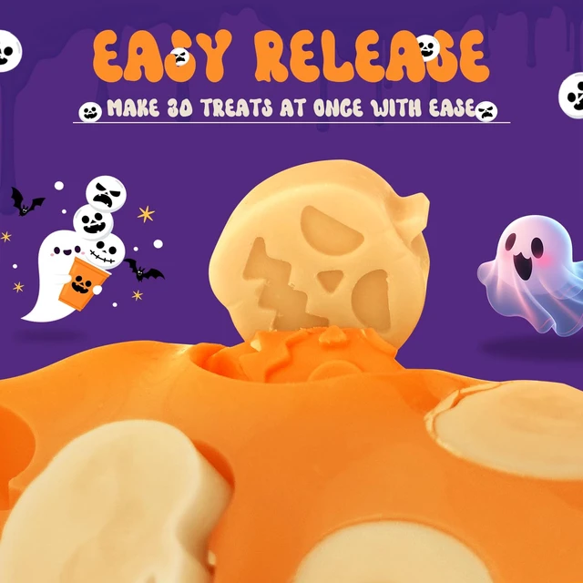 Alt view image 5 of 6 - Pumpkin & Ghost Candy Silicone Molds for Halloween Small Chocolate, Wax Melts, Cake Decoration 15 Cavity Food Grade Bpa Free for Kids, Oven Safe DIY Homemade Mould Treat or Trick -4 PCS