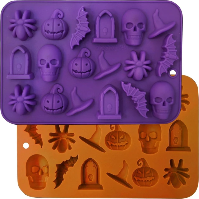 Main image of Halloween Molds Silicone for Chocolate 2 Pack, 3D Halloween Chocolate Candy Gummy Mold Skull Pumpkin Bat Ghost Witch Hat Spider tombstone Shapes Mold