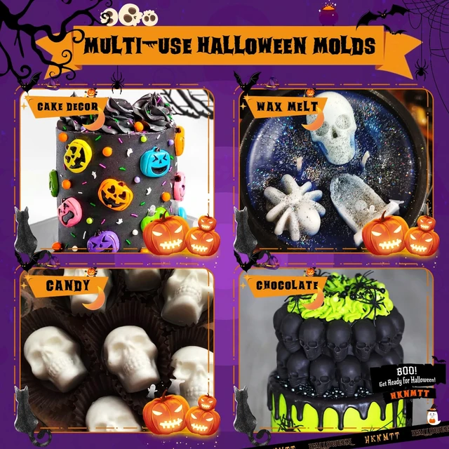 Alt view image 2 of 7 - Halloween Molds Silicone for Chocolate 2 Pack, 3D Halloween Chocolate Candy Gummy Mold Skull Pumpkin Bat Ghost Witch Hat Spider tombstone Shapes Mold