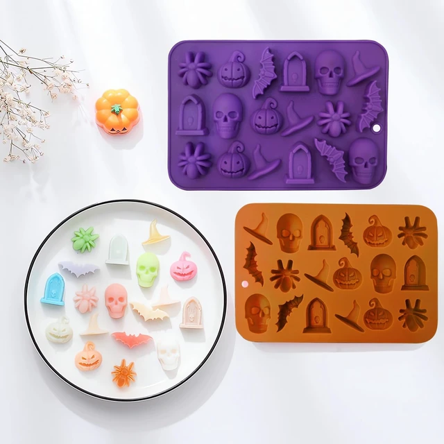 Alt view image 7 of 7 - Halloween Molds Silicone for Chocolate 2 Pack, 3D Halloween Chocolate Candy Gummy Mold Skull Pumpkin Bat Ghost Witch Hat Spider tombstone Shapes Mold