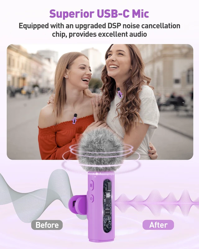 Alt view image 3 of 7 - USB C Lavalier Microphone Wireless Mini Mic for Type-C Android Phone/Tablet/PC Video Recording Clip-on Mics with Rotatable Clip&Denoise Recording, Ideal for Vlog Tiktok Youtube Content Creator, Purple
