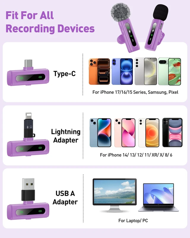 Alt view image 5 of 7 - USB C Lavalier Microphone Wireless Mini Mic for Type-C Android Phone/Tablet/PC Video Recording Clip-on Mics with Rotatable Clip&Denoise Recording, Ideal for Vlog Tiktok Youtube Content Creator, Purple