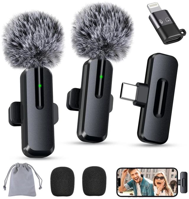 Main image of Wireless Mini Microphone for iPhone, Android, 2 Pack Clip on Mini Mic with USB-C & Lightning, 2-in-1 Noise Reduction Lavalier Lapel Mic for Video Recording, Podcast, Vlogging, YouTube