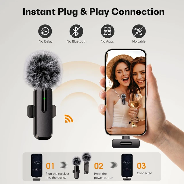 Alt view image 7 of 7 - Wireless Mini Microphone for iPhone, Android, 2 Pack Clip on Mini Mic with USB-C & Lightning, 2-in-1 Noise Reduction Lavalier Lapel Mic for Video Recording, Podcast, Vlogging, YouTube