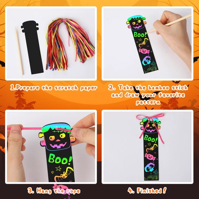 Alt view image 3 of 7 - JUNEBRUSHS 30Pcs Halloween Scratch Bookmarks, Rainbow Magic Scratch Paper Art Pumpkin Bat Spider DIY Crafts Kit for School Classroom Activity Halloween Gifts