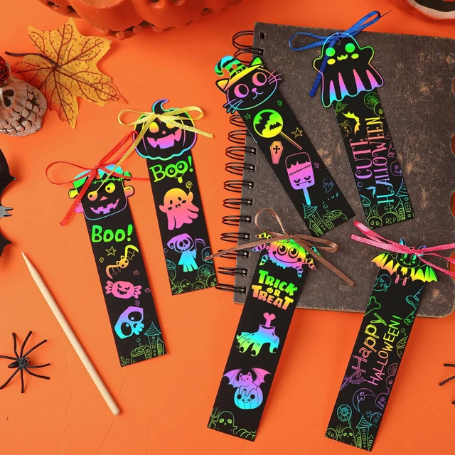 Alt view image 4 of 7 - JUNEBRUSHS 30Pcs Halloween Scratch Bookmarks, Rainbow Magic Scratch Paper Art Pumpkin Bat Spider DIY Crafts Kit for School Classroom Activity Halloween Gifts