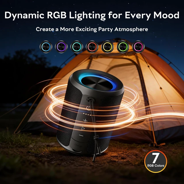 Alt view image 5 of 7 - Portable Bluetooth Speaker, 20W Stereo, IPX7 Waterproof, RGB Light