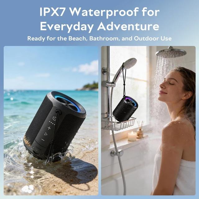 Alt view image 6 of 7 - Portable Bluetooth Speaker, 20W Stereo, IPX7 Waterproof, RGB Light