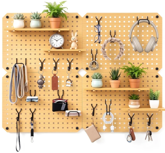 Main image of 4 Pack Bamboo Peg Board with Storage Shelf and Hooks, Wall Mounted 16"x12"