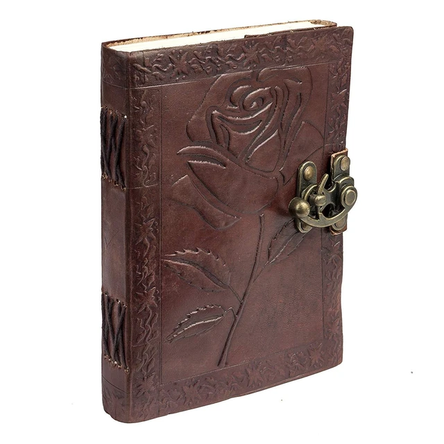 Alt view image 2 of 7 - Handmade Leather Bound Journal Vintage Writing Notebook For Women and Men with Lock & Engraved Rose Gift Art Travel Diary Book of Shadows Notebooks To Write (7 by 5 Inches)