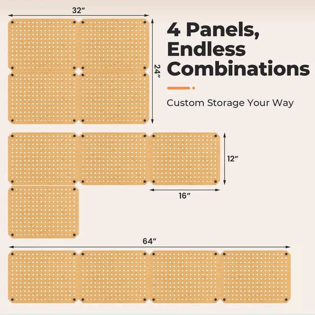 Alt view image 2 of 7 - 4 Pack Bamboo Peg Board with Storage Shelf and Hooks, Wall Mounted 16"x12"