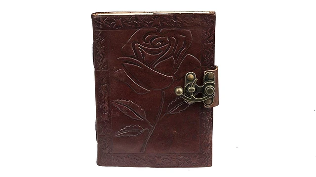 Alt view image 4 of 7 - Handmade Leather Bound Journal Vintage Writing Notebook For Women and Men with Lock & Engraved Rose Gift Art Travel Diary Book of Shadows Notebooks To Write (7 by 5 Inches)
