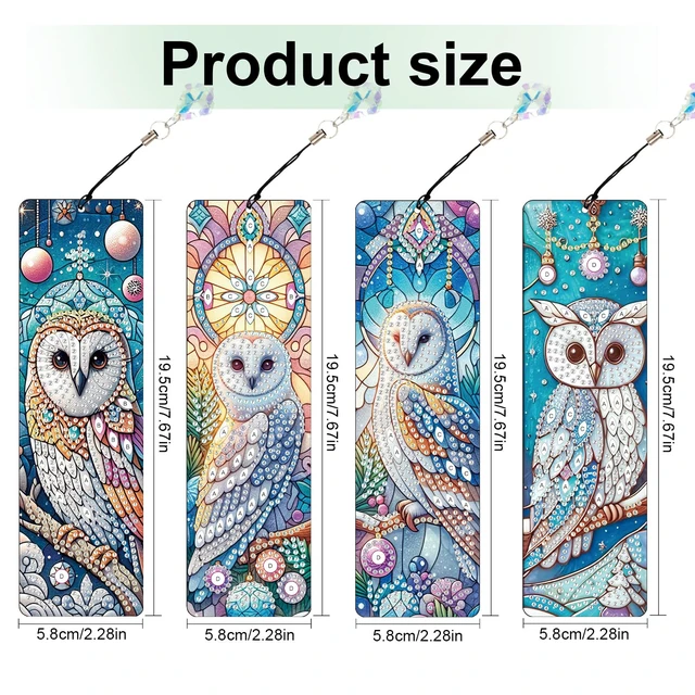 Alt view image 2 of 7 - 4-Piece DIY 5D Diamond Painting Bookmark Kits, Owl Special Shaped Crystal Rhinestones Book Marks, Handmade Diamond Art Bookmarks with Crystal Pendant Tassels, Decorative Craft Gift Set for Adults
