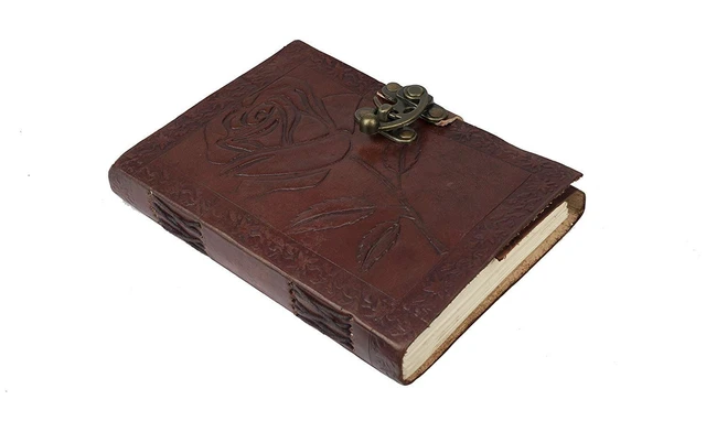 Alt view image 6 of 7 - Handmade Leather Bound Journal Vintage Writing Notebook For Women and Men with Lock & Engraved Rose Gift Art Travel Diary Book of Shadows Notebooks To Write (7 by 5 Inches)