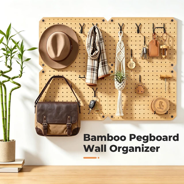 Alt view image 4 of 7 - 4 Pack Bamboo Peg Board with Storage Shelf and Hooks, Wall Mounted 16"x12"