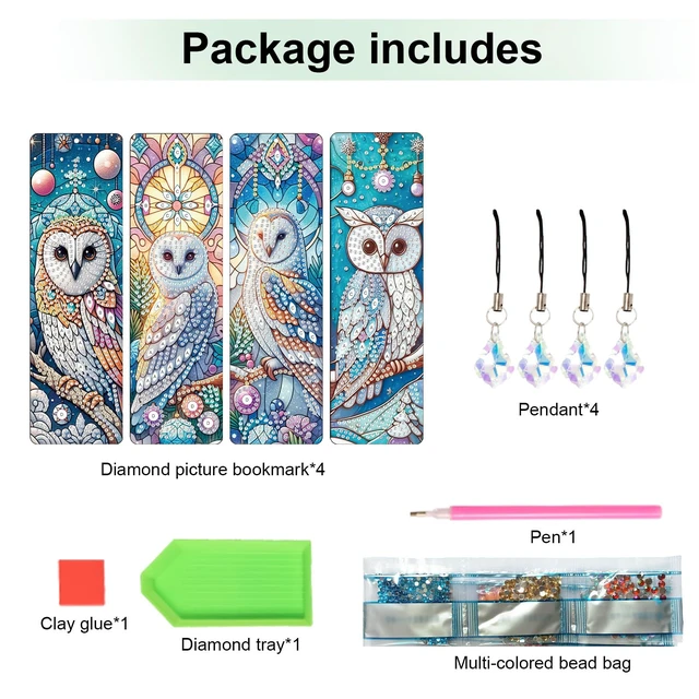 Alt view image 3 of 7 - 4-Piece DIY 5D Diamond Painting Bookmark Kits, Owl Special Shaped Crystal Rhinestones Book Marks, Handmade Diamond Art Bookmarks with Crystal Pendant Tassels, Decorative Craft Gift Set for Adults