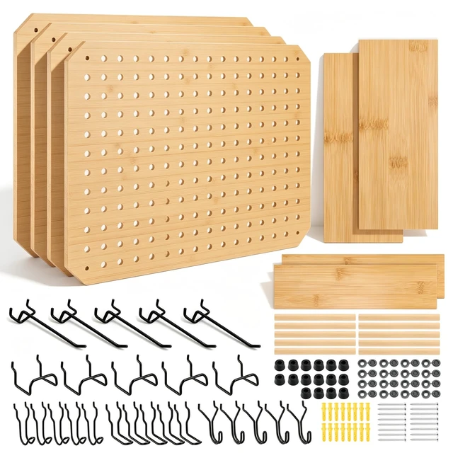 Alt view image 5 of 7 - 4 Pack Bamboo Peg Board with Storage Shelf and Hooks, Wall Mounted 16"x12"