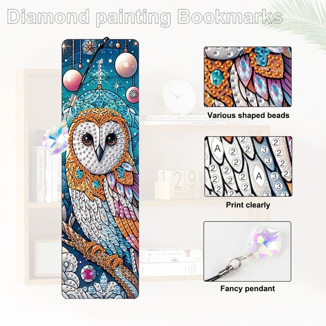 Alt view image 4 of 7 - 4-Piece DIY 5D Diamond Painting Bookmark Kits, Owl Special Shaped Crystal Rhinestones Book Marks, Handmade Diamond Art Bookmarks with Crystal Pendant Tassels, Decorative Craft Gift Set for Adults