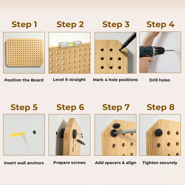 Alt view image 6 of 7 - 4 Pack Bamboo Peg Board with Storage Shelf and Hooks, Wall Mounted 16"x12"