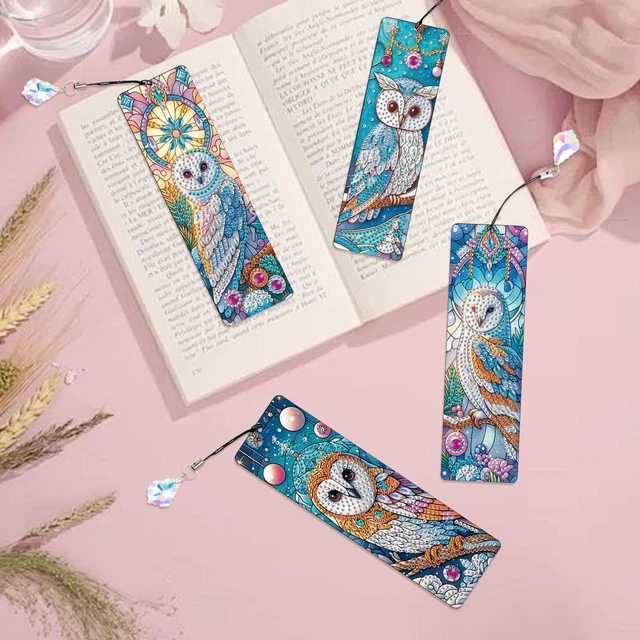 Alt view image 5 of 7 - 4-Piece DIY 5D Diamond Painting Bookmark Kits, Owl Special Shaped Crystal Rhinestones Book Marks, Handmade Diamond Art Bookmarks with Crystal Pendant Tassels, Decorative Craft Gift Set for Adults
