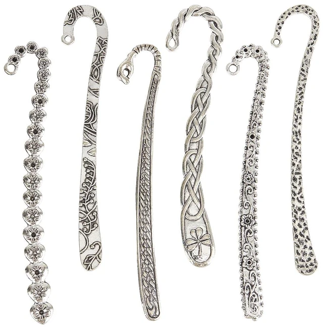 Main image of SUNNYCLUE 12Pcs 6 Styles Hook Bookmark Silver Hairpin Bookmark Bulk Alloy Retro Tibetan Chinese Style Flower Branch Bookmarks Findings with Hole Book Mark Blank for Crafts Jewelry Making Gifts DIY