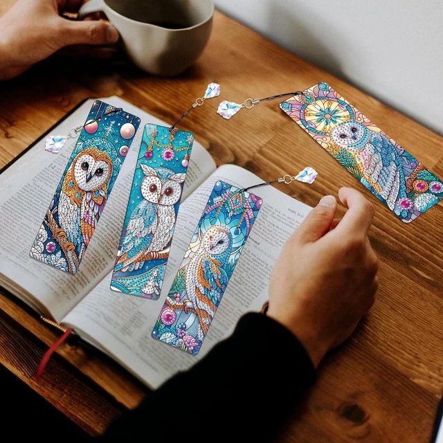 Alt view image 6 of 7 - 4-Piece DIY 5D Diamond Painting Bookmark Kits, Owl Special Shaped Crystal Rhinestones Book Marks, Handmade Diamond Art Bookmarks with Crystal Pendant Tassels, Decorative Craft Gift Set for Adults