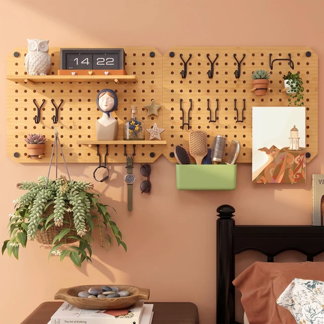 Alt view image 7 of 7 - 4 Pack Bamboo Peg Board with Storage Shelf and Hooks, Wall Mounted 16"x12"