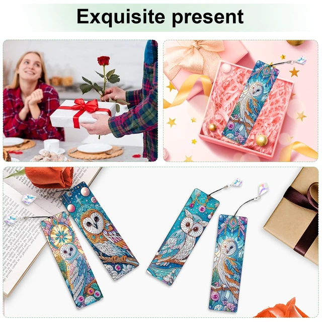 Alt view image 7 of 7 - 4-Piece DIY 5D Diamond Painting Bookmark Kits, Owl Special Shaped Crystal Rhinestones Book Marks, Handmade Diamond Art Bookmarks with Crystal Pendant Tassels, Decorative Craft Gift Set for Adults