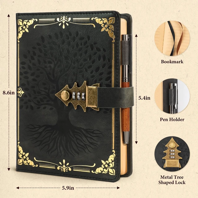 Alt view image 3 of 7 - Journal with Lock with Pen, Refillable Diary with Lock A5 Black