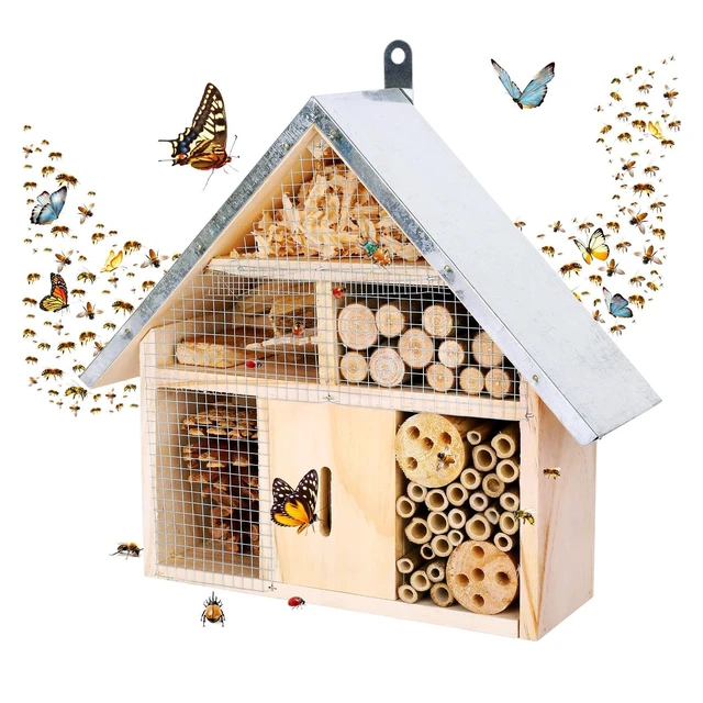 Main image of Hanging Bee House Wooden Insect House, Natural Habitat for Beneficial Bees, Bugs, Butterflys, Ladybirds Insect Hotels Garden Yard Home