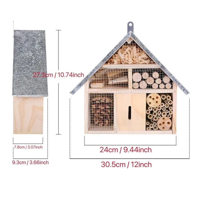 Alt view image 2 of 5 - Hanging Bee House Wooden Insect House, Natural Habitat for Beneficial Bees, Bugs, Butterflys, Ladybirds Insect Hotels Garden Yard Home