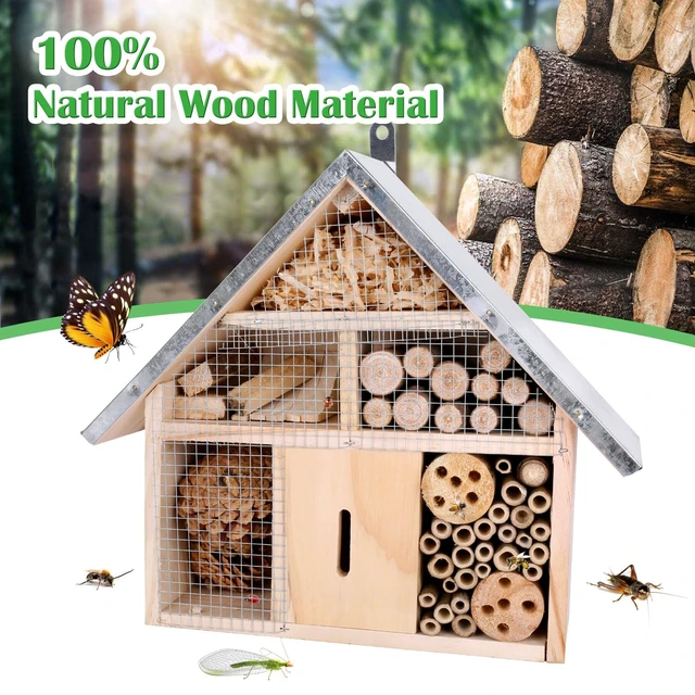 Alt view image 3 of 5 - Hanging Bee House Wooden Insect House, Natural Habitat for Beneficial Bees, Bugs, Butterflys, Ladybirds Insect Hotels Garden Yard Home