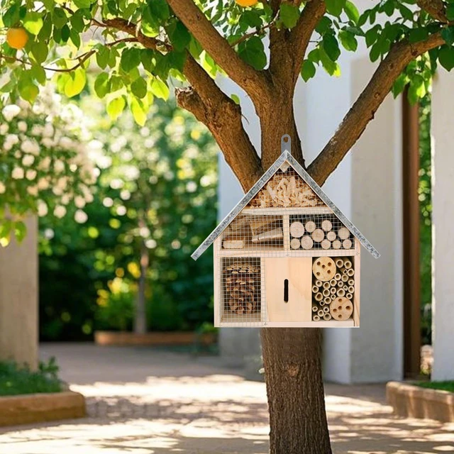 Alt view image 4 of 5 - Hanging Bee House Wooden Insect House, Natural Habitat for Beneficial Bees, Bugs, Butterflys, Ladybirds Insect Hotels Garden Yard Home
