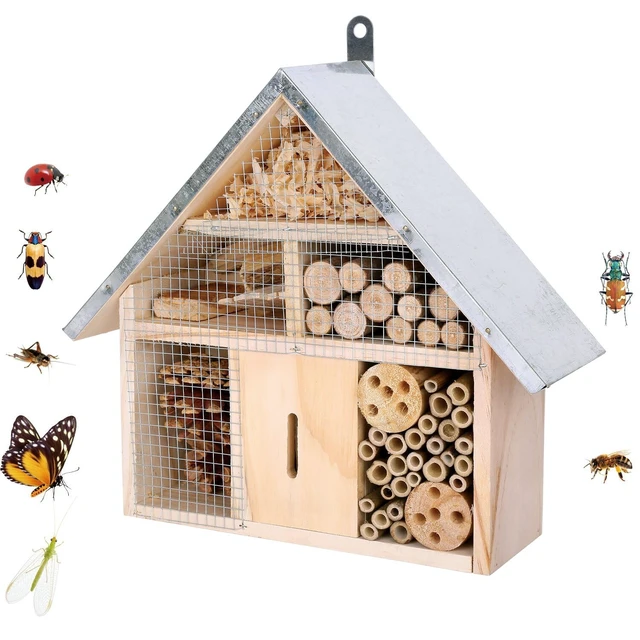 Alt view image 5 of 5 - Hanging Bee House Wooden Insect House, Natural Habitat for Beneficial Bees, Bugs, Butterflys, Ladybirds Insect Hotels Garden Yard Home