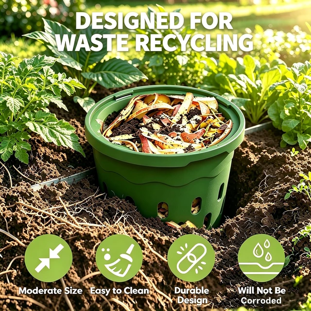 Alt view image 3 of 7 - 2-Pack Inground Worm Composter, 8L Underground Worm Farm with Aeration & Animal-Proof Lid, Food Waste Recycler for Garden Beds, Easy for Beginners, Green