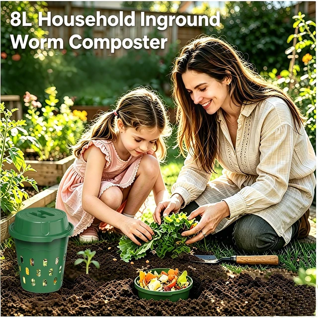 Alt view image 4 of 7 - 2-Pack Inground Worm Composter, 8L Underground Worm Farm with Aeration & Animal-Proof Lid, Food Waste Recycler for Garden Beds, Easy for Beginners, Green