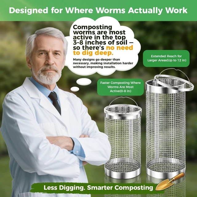 Alt view image 2 of 7 - 2 Pack Worm Composter Worm Bin, Stainless Steel Inground Compost Bin with Handle, Metal Worm Composting System for Kitchen Food Waste Recycling, Outdoor Garden Vermicomposting Bin w/Lid, Easy Install