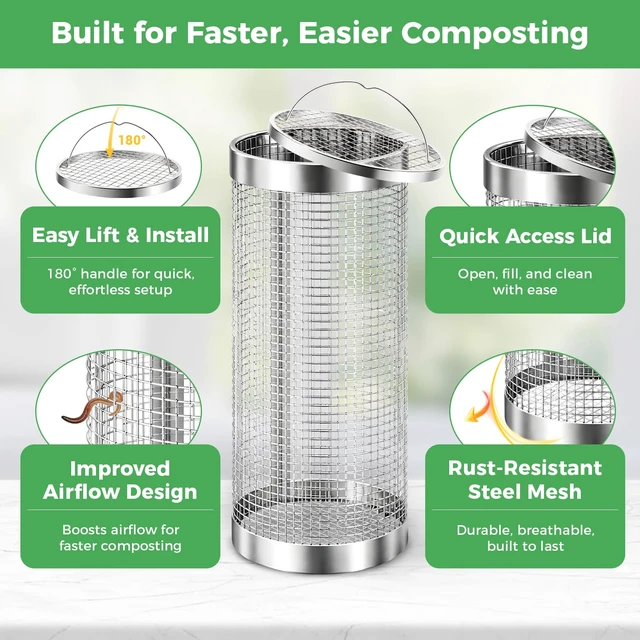 Alt view image 3 of 7 - 2 Pack Worm Composter Worm Bin, Stainless Steel Inground Compost Bin with Handle, Metal Worm Composting System for Kitchen Food Waste Recycling, Outdoor Garden Vermicomposting Bin w/Lid, Easy Install